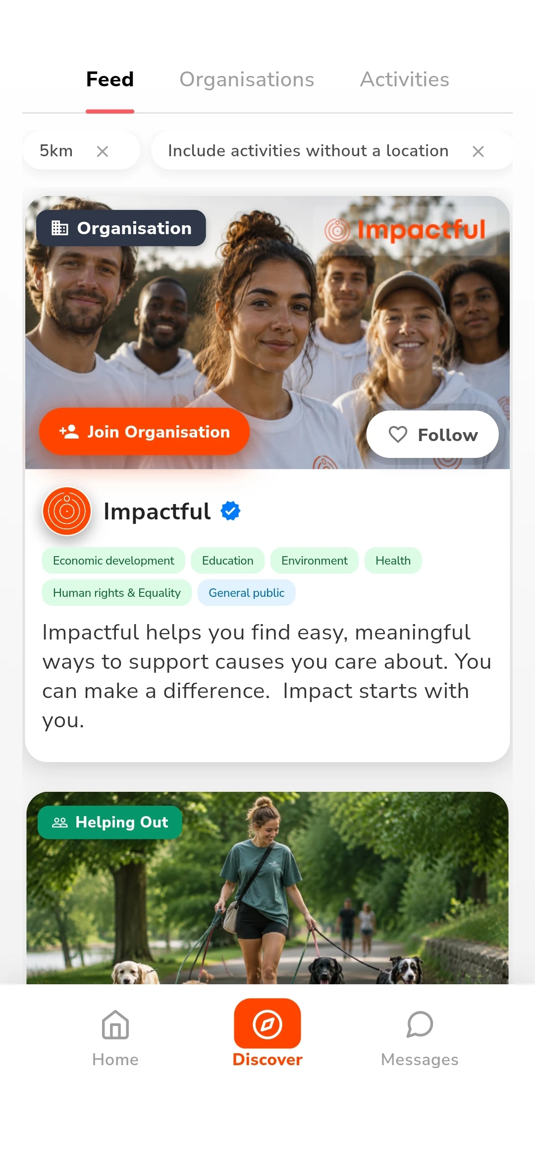 The Discover tab in the Impactful app, filtered to five kilometres and to include activities without a location, with tabs for Feed, Organisations and Activities, showing the Impactful organisation card with Join Organisation and Follow controls above an activity card.