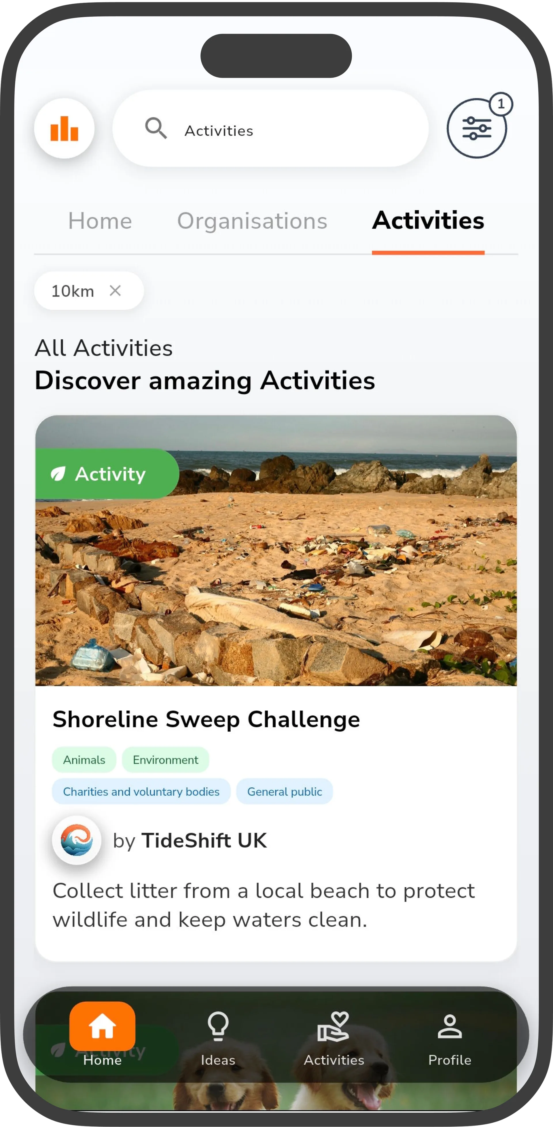 Impactful app explore screen displaying personalized volunteering activity recommendations with filters for interests and location