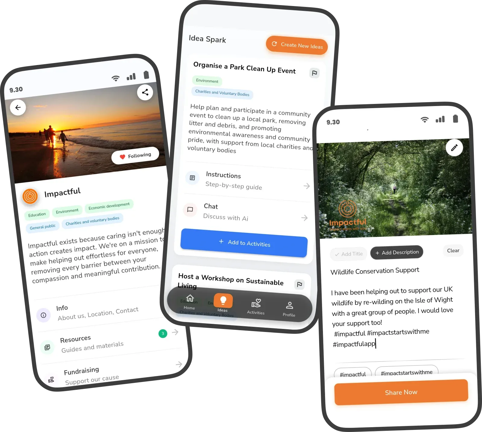 Impactful app interface showing personalized volunteering opportunities, AI recommendations, and user activity feed