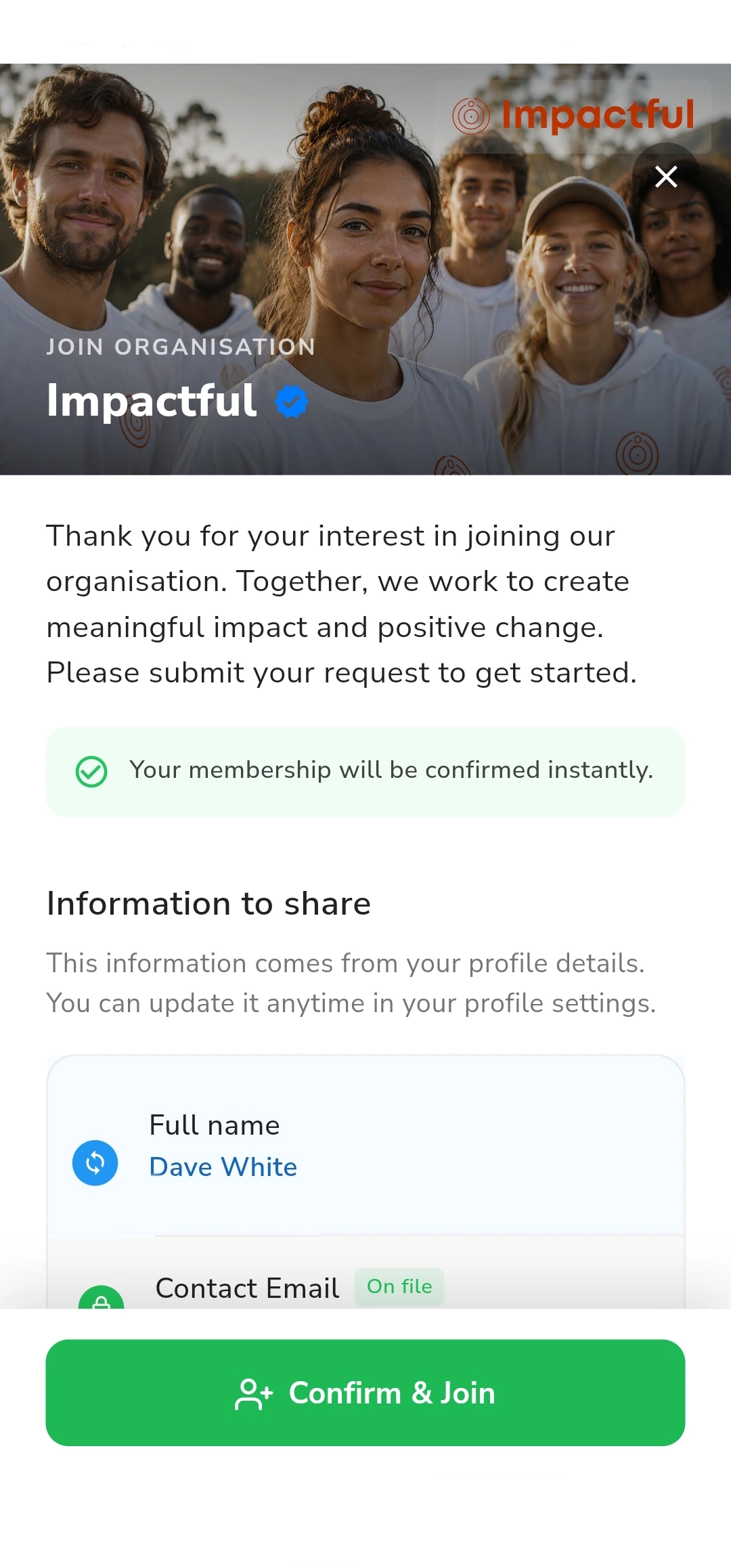 An organisation page in the Impactful app with the Join Organisation control, the causes it works on, and what it publishes.