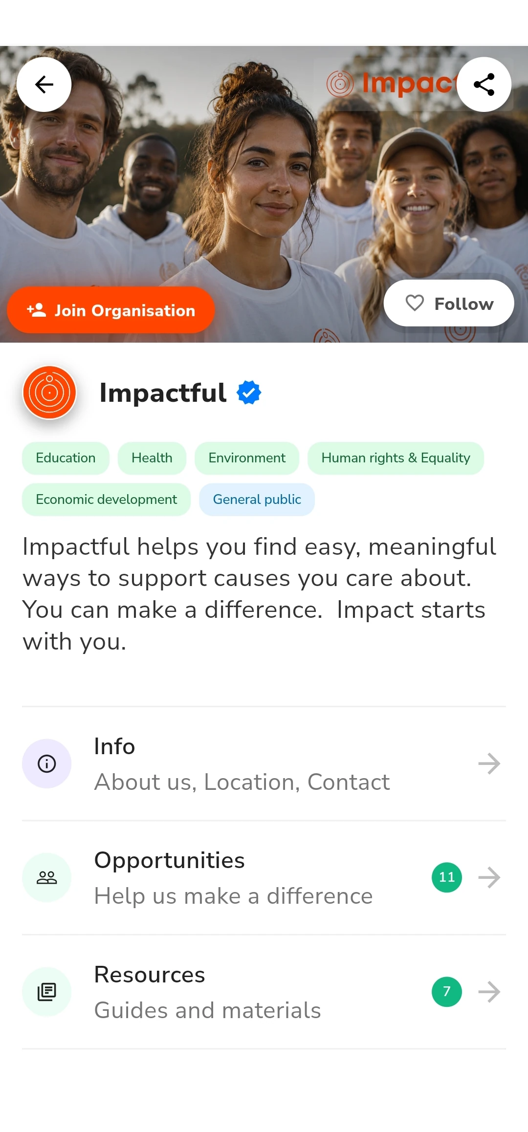 The Impactful organisation page in the app, with Join Organisation and Follow over the cover photo, the causes it works on, and links through to its info, its eleven opportunities and its seven resources.