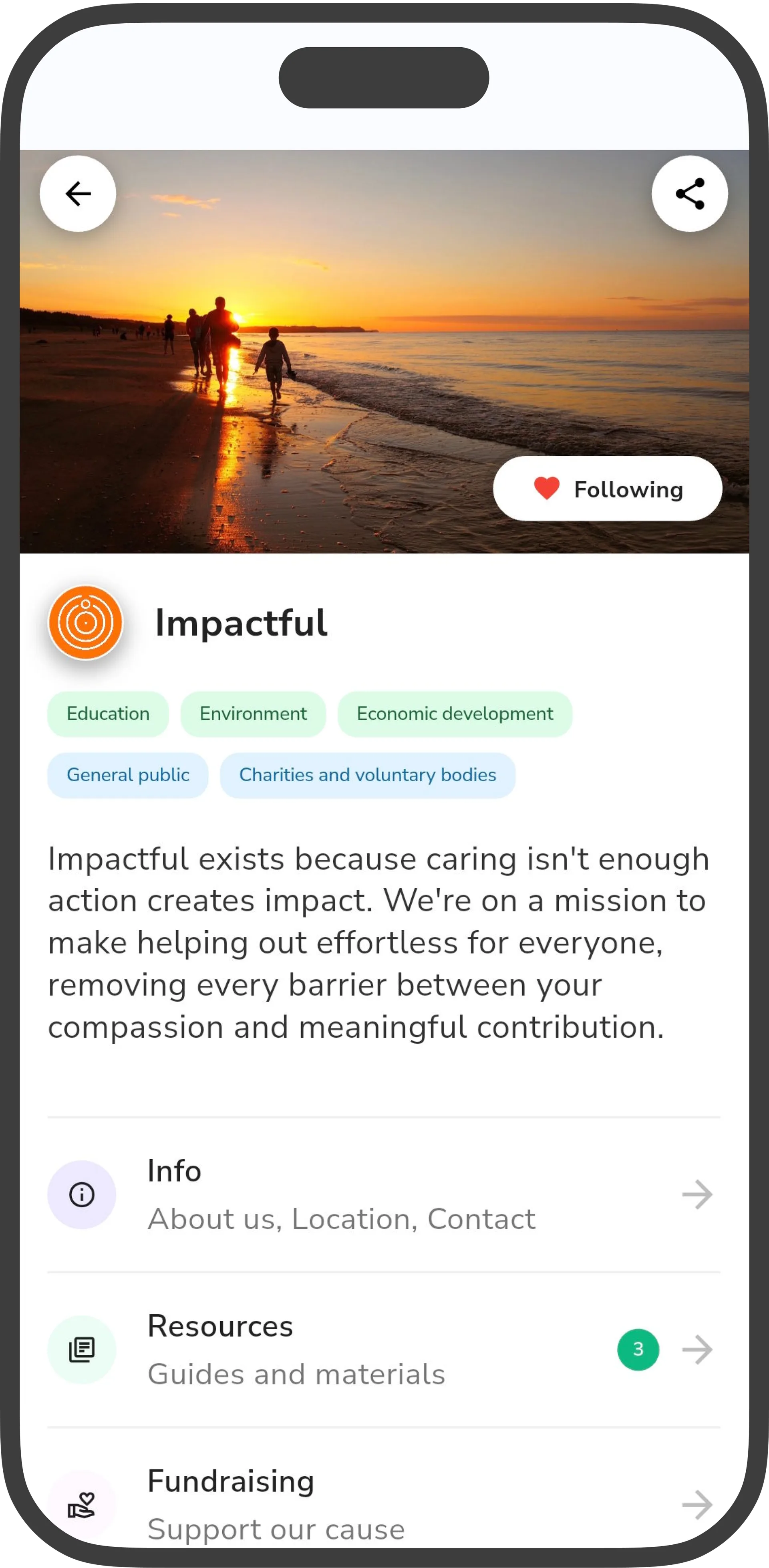 Impactful app organization profile displaying charity mission, upcoming opportunities, volunteer testimonials, and impact metrics