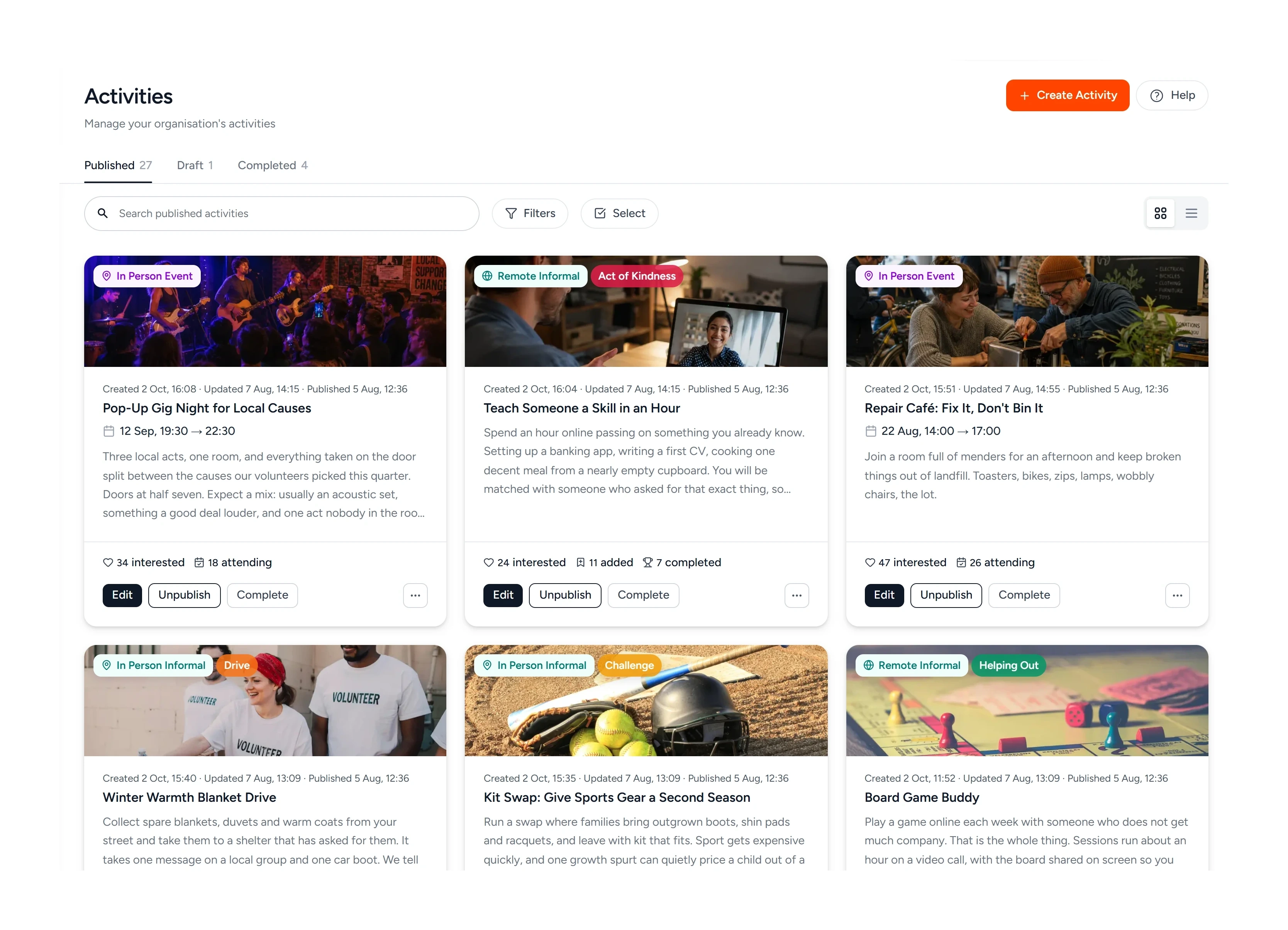 The activities page in Impactful Connect: twenty-seven published, one draft, four completed, and six of the published activities, a mix of in-person events with their dates and remote informal activities, each showing how many people are interested, attending or have completed it, with controls to edit, unpublish or complete them.