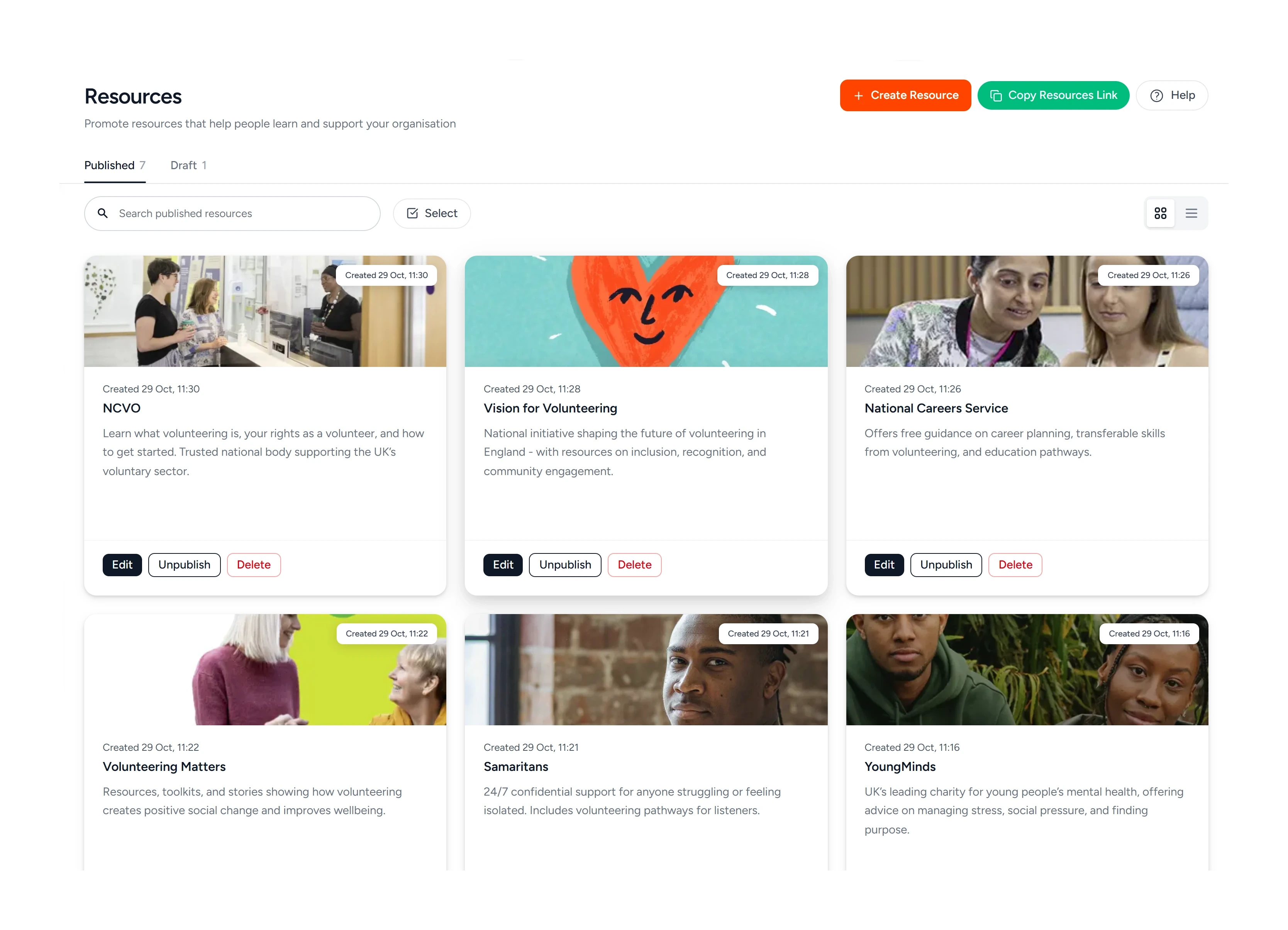 The resources page in Impactful Connect, with seven published and one draft, and six published resources, each a banner image, a title and a line of description pointing at an outside organisation, with controls to edit, unpublish or delete.