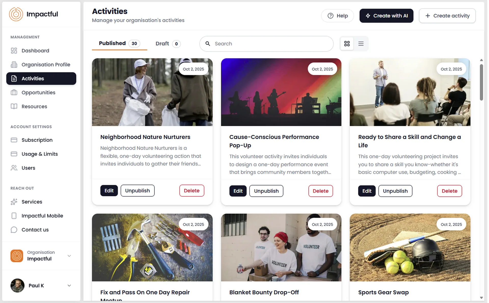 Impactful Connect analytics dashboard showing engagement metrics, volunteer hours, application trends, and impact statistics with data visualization charts