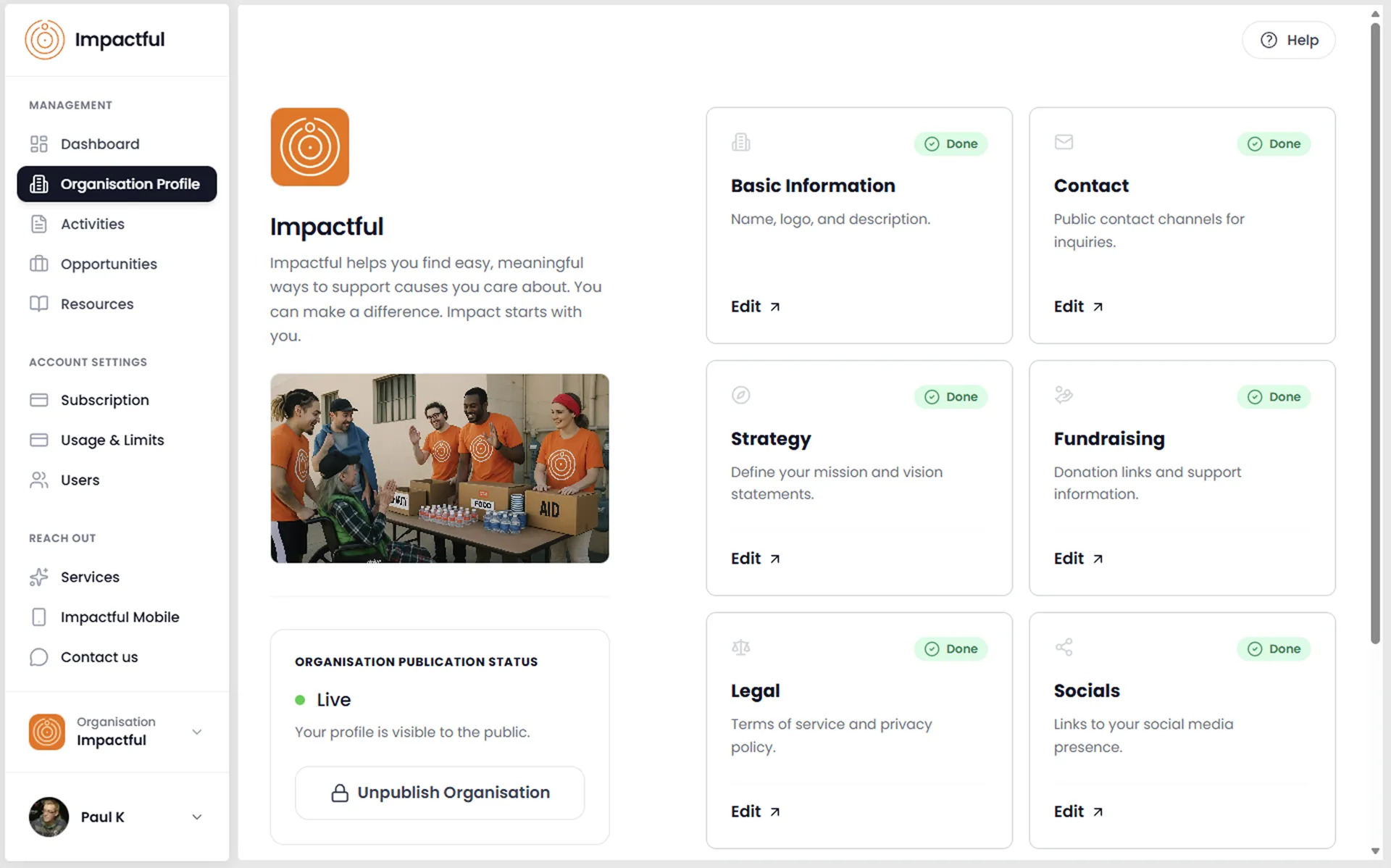 Impactful Connect organization profile page showing mission statement, photo gallery, upcoming opportunities, and volunteer testimonials