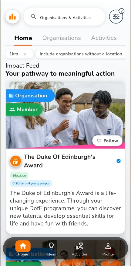 Impactful app home screen showing the Impact Feed with organisations to follow, activity recommendations, and location-based filtering