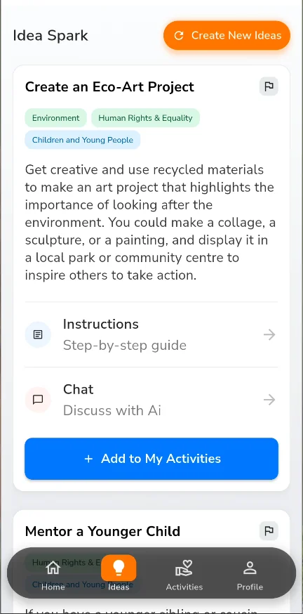 Impactful app Idea Spark screen showing AI-generated volunteering activity ideas with cause categories and Generate Ideas button