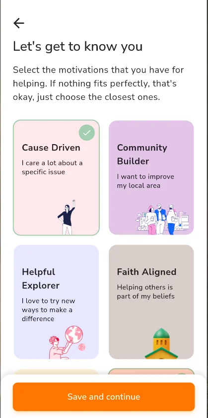 Impactful app motivations screen showing cause categories and personalisation options