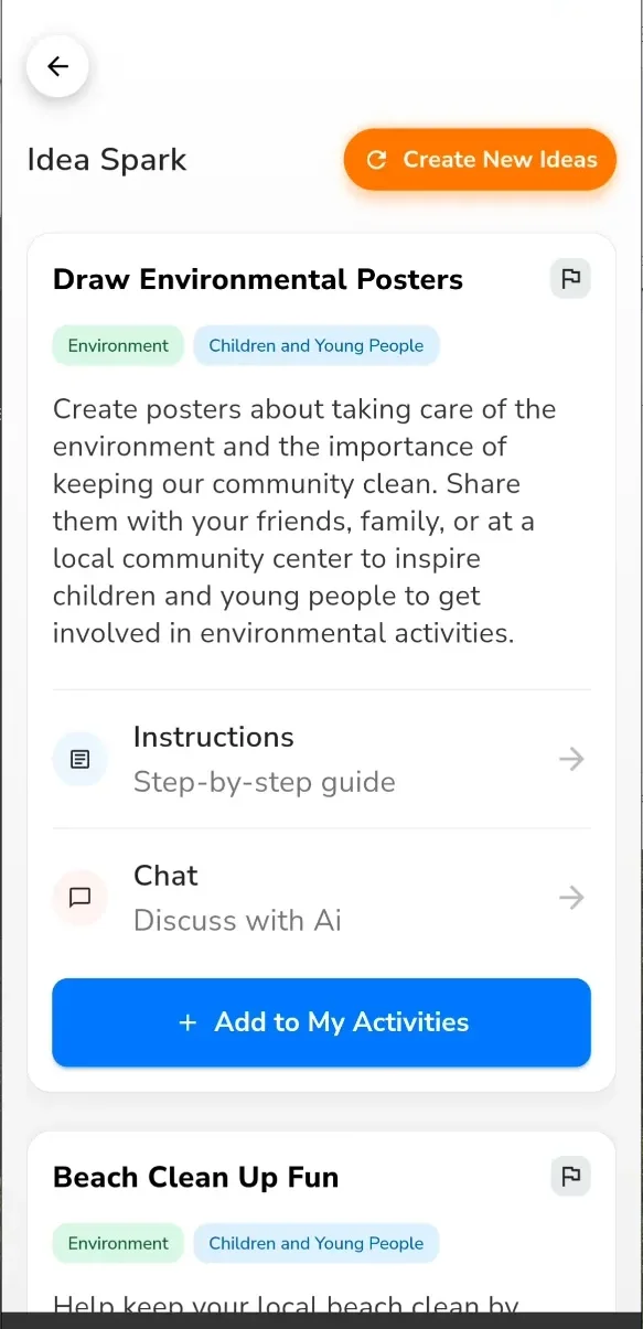 Impactful app Idea Spark screen showing AI-generated volunteering activity ideas with cause categories and Generate Ideas button